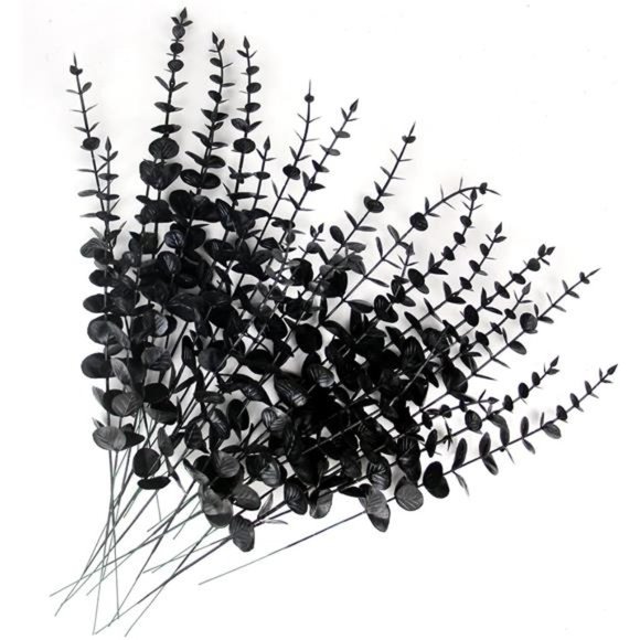 26 Pcs Black Artificial Eucalyptus Stems Faux Halloween Flowers Eucalyptuses - Picture 1 of 7
